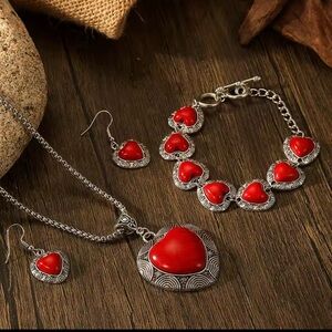 Silver and Red Heart Jewelry Set